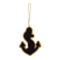 A black felt anchor ornament with a gold braided border and a gold hanging loop