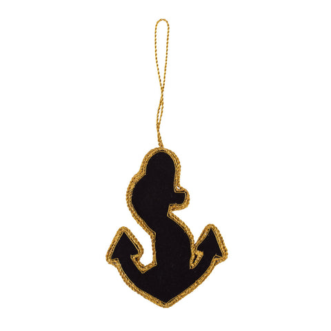 A black felt anchor ornament with a gold braided border and a gold hanging loop