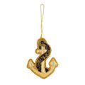 An embroidered anchor-shaped ornament in gold and black with the word 'GREENWICH' on a black ribbon detail, hanging from a gold loop