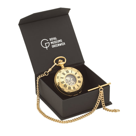 Gold finish pocket watch in a black Royal Observatory Greenwich box.