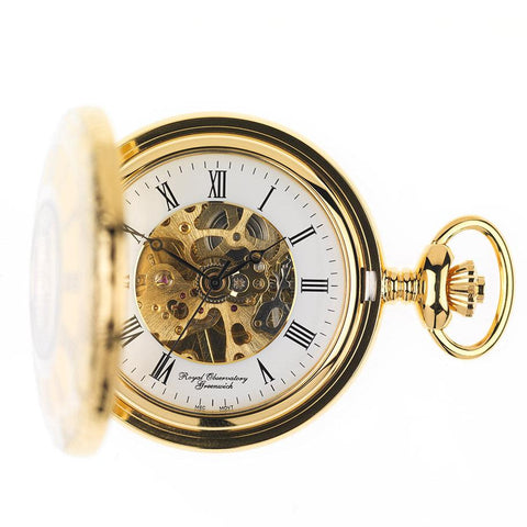 Open gold pocket watch with visible mechanism behind a black and white watch face.