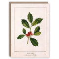 Greeting card with holly leaf and berry illustration on a beige background