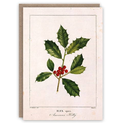 Greeting card with holly leaf and berry illustration on a beige background