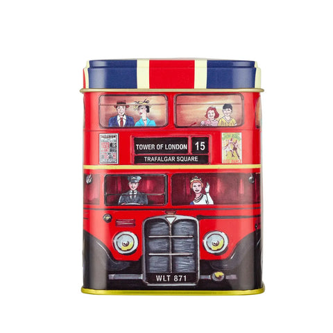 A red double-decker bus-shaped tin canister with illustrated passengers in the windows, a blue top section, and gold trim.