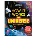 Book cover of 'How It Works: The Universe' by Usborne with space-themed illustrations.