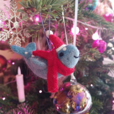 Felt Whale Christmas tree decoration with lights and ornaments
