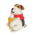 Felted dog figurine wearing a red scarf and yellow bag on a white background