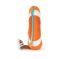 Plush toy resembling a life ring with orange body, white belly, and blue accents 