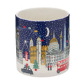 White mug with a colourful illustration of snowy London scenes.