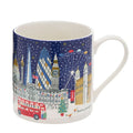 White mug with a colourful illustration of snowy London scenes.