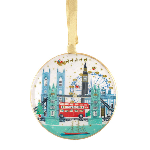 Decorative ornament with London-themed design featuring Big Ben, the London Eye, and a red bus on a white background.