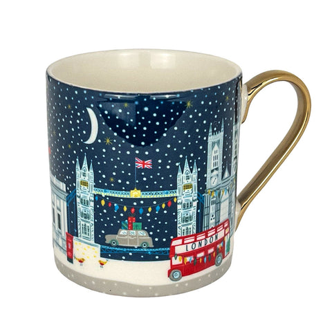Mug with a London-themed design featuring Big Ben, a red bus, and festive lights on a blue background.