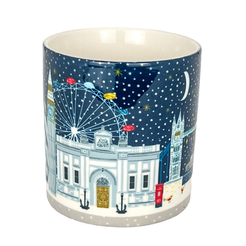 Ceramic mug with a festive design of London landmarks on a blue background