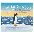 Children's book cover for 'Jonty Gentoo: The Adventures of a Penguin' by Julia Donaldson and Axel Scheffler, featuring an illustrated penguin standing on ice with polar bears, a boat, and a bird in a blue and yellow icy landscape.