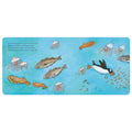 A children's picture book page featuring an underwater ocean scene with fish, jellyfish, squid, and a penguin swimming on a light blue background with printed text on the left side.