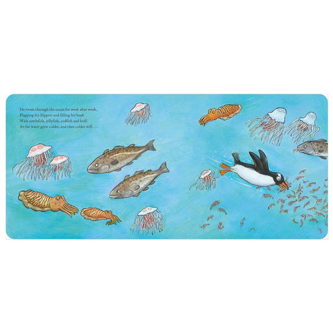 A children's picture book page featuring an underwater ocean scene with fish, jellyfish, squid, and a penguin swimming on a light blue background with printed text on the left side.