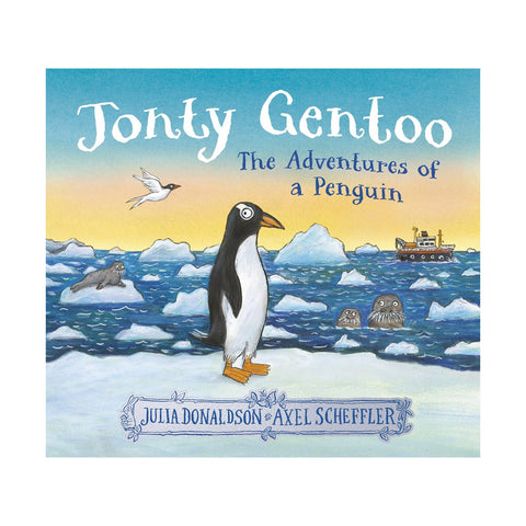 Book cover of 'Jonty Gentoo: The Adventures of a Penguin' with a penguin illustration and icebergs.