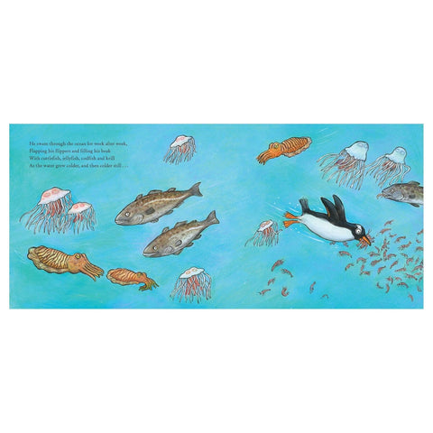 Illustration of a penguin swimming among fish and jellyfish on a blue background