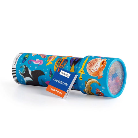 Kaleidoscope toy with colorful fish design on a white background