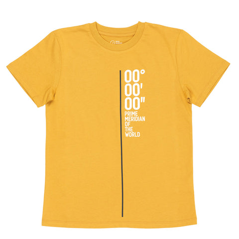 Yellow t-shirt with black and white Prime Meridian design.