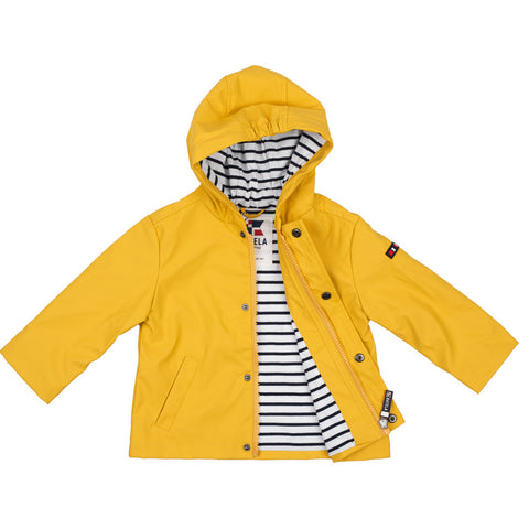 Yellow raincoat with white and navy striped lining.