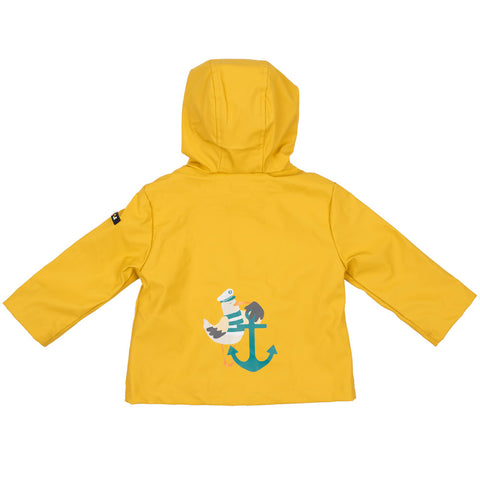 Back of yellow raincoat with printed illustration of a seagull in sailor's clothing holding an anchor.