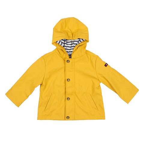 Yellow raincoat with white and navy striped hood lining.