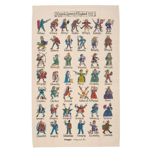 Cotton tea towel with colourful illustrations of kings and queens. 