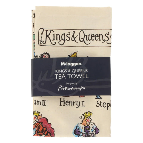 Cotton tea towel with colourful illustrations of kings and queens in its packaging.