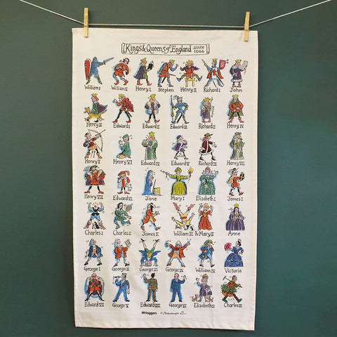 Cotton tea towel with colourful illustrations of kings and queens.