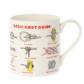 Mug with illustrations of basic knots and text on a white background