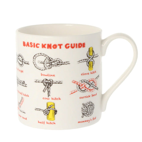 Mug with illustrations of basic knots and text on a white background