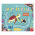 Book cover of 'Let's go home, Baby Turtle' with illustrations of turtles and sea creatures.