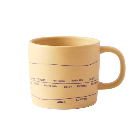 Cream colour stoneware mug with navy text and fish design 