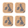 Set of four cork coasters with map design and text 