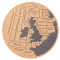 Cork placemat printed with map of UK and names of sea areas around the British Isles