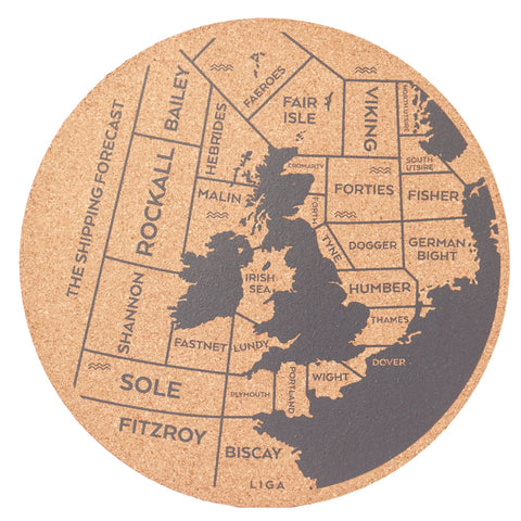 Cork placemat printed with map of UK and names of sea areas around the British Isles
