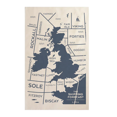 Tea towel printed with a map of United Kingdom and surrounding waters with text on a beige background