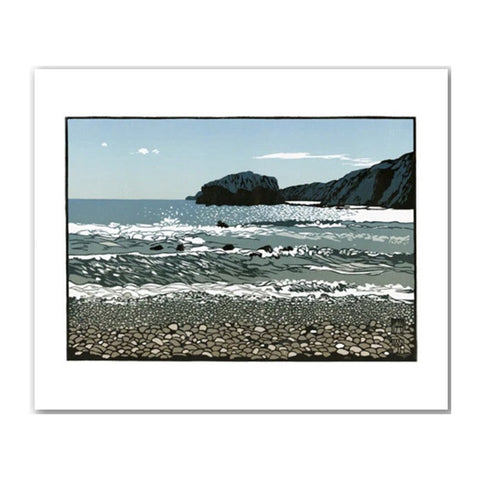 Linocut of the seashore at Maen Gwenonwy.