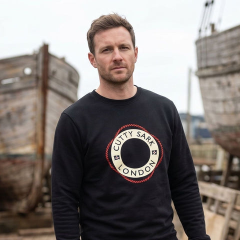 male model wearing cutty sark life ring sweatshirt black