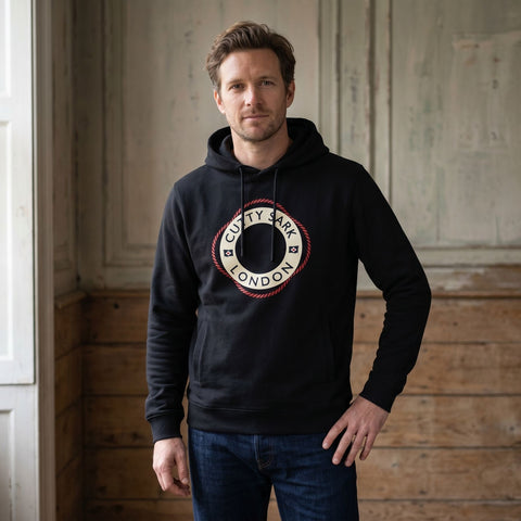 Man wearing a black Cutty Sark Life Ring Hoody 
