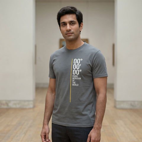 Man wearing a grey prime meridian tshirt