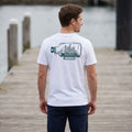 Man wearing a T-shirt with Cutty Sark ship in bottle print on the back