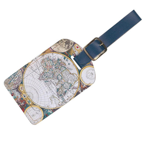 Luggage tag with blue strap and world map design.