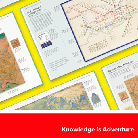Collection of maps and educational materials with a 'Knowledge is Adventure' banner at the bottom.
