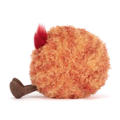 round, orange and red plush ty with fiery eyebrows and gold legs. side view