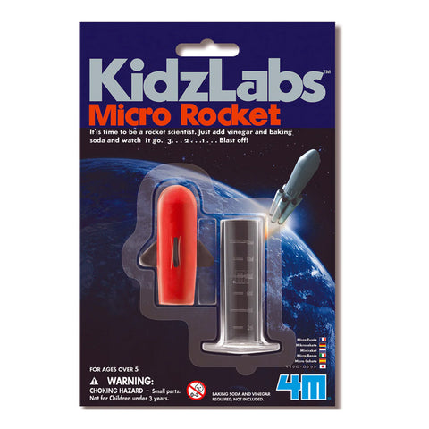 Packaging of KidzLabs Micro Rocket science kit with red rocket and clear container on a dark blue background.