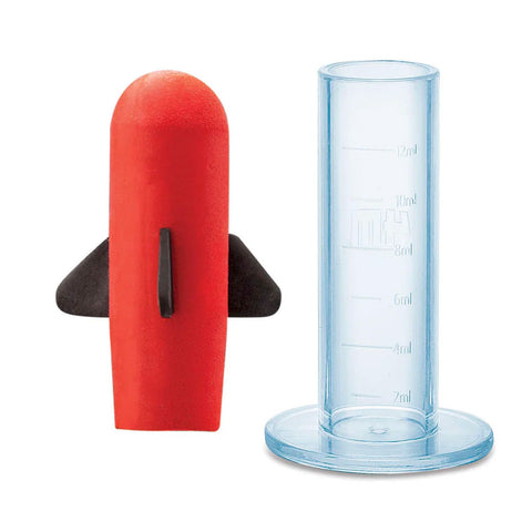 Red and black object with a blue cylindrical container 