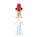 Bottle with a red cap and a clear liquid being poured