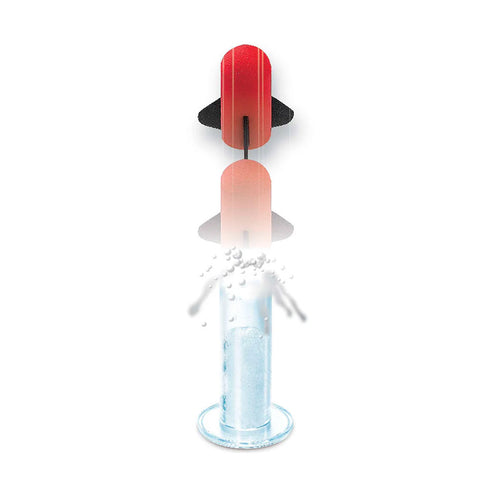 Bottle with a red cap and a clear liquid being poured